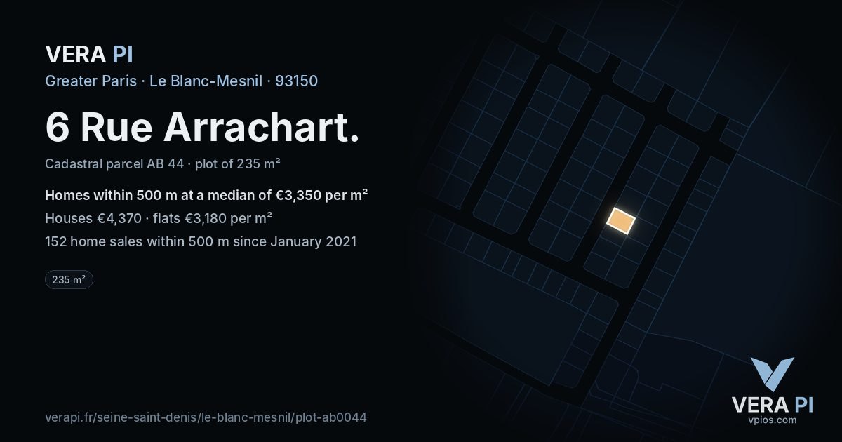 6 Rue Arrachart, Le Blanc-Mesnil at night – the plot lit, the parcels around coloured by the prices near them