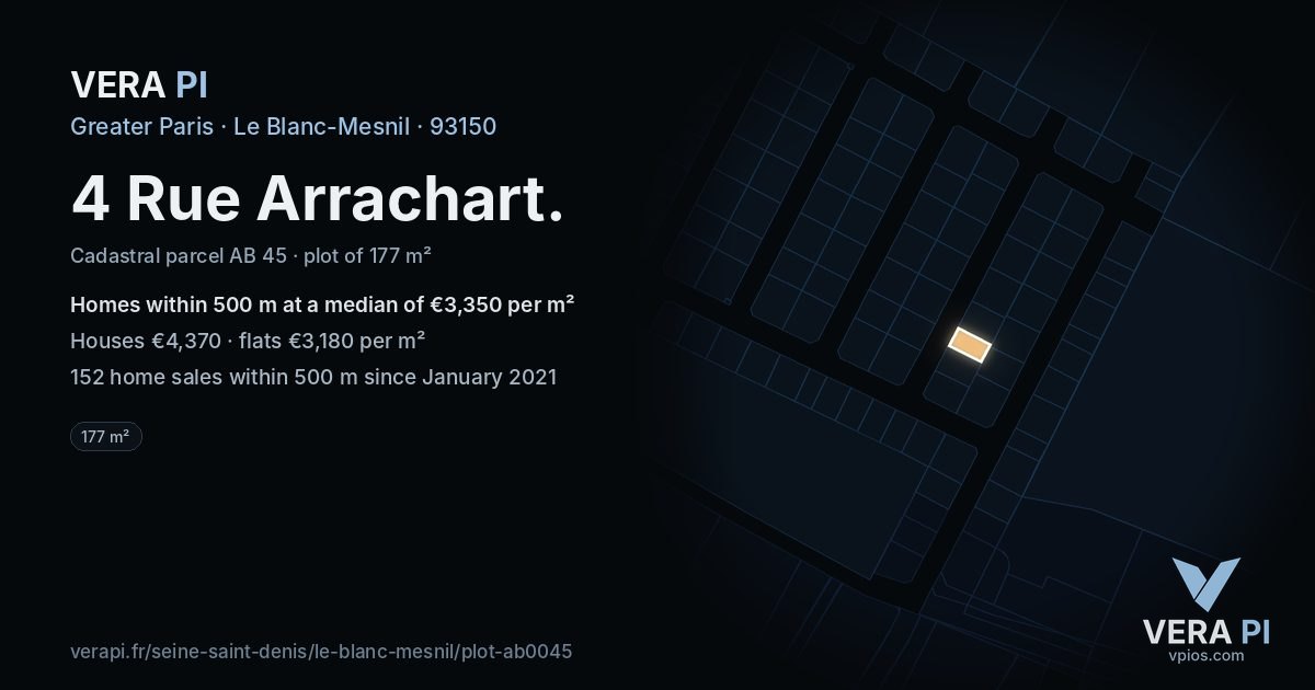 4 Rue Arrachart, Le Blanc-Mesnil at night – the plot lit, the parcels around coloured by the prices near them