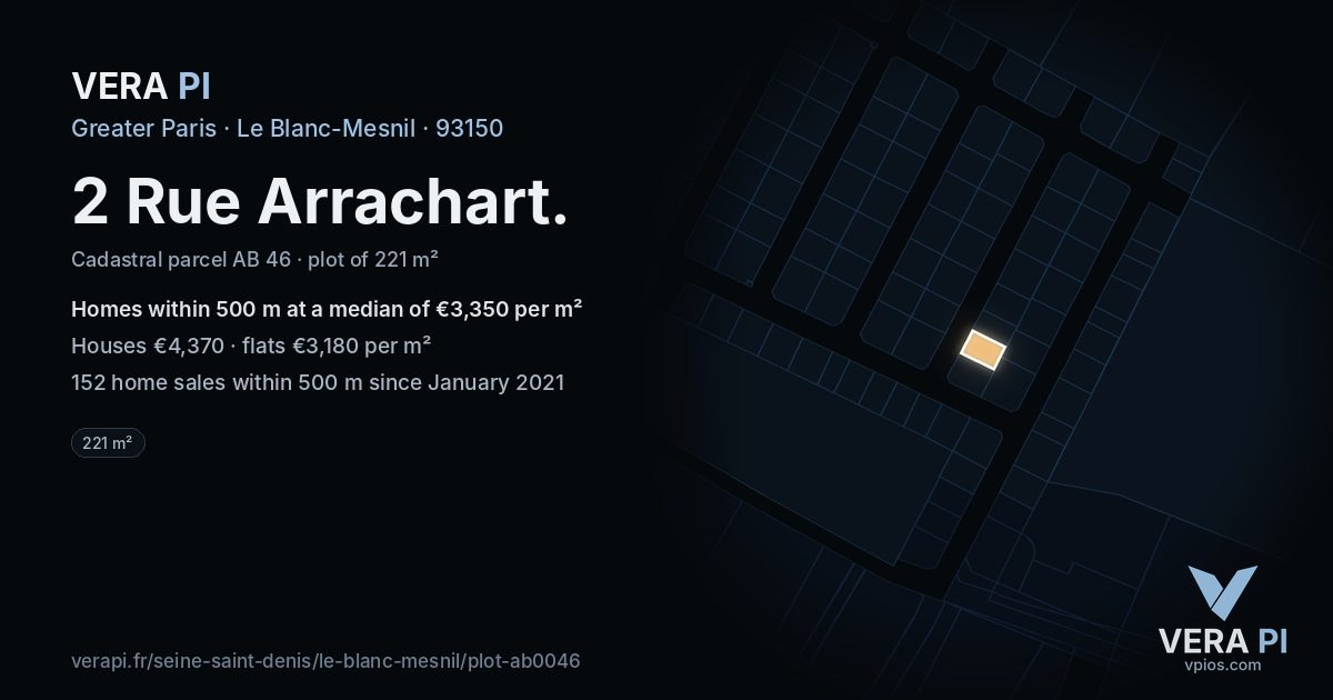 2 Rue Arrachart, Le Blanc-Mesnil at night – the plot lit, the parcels around coloured by the prices near them