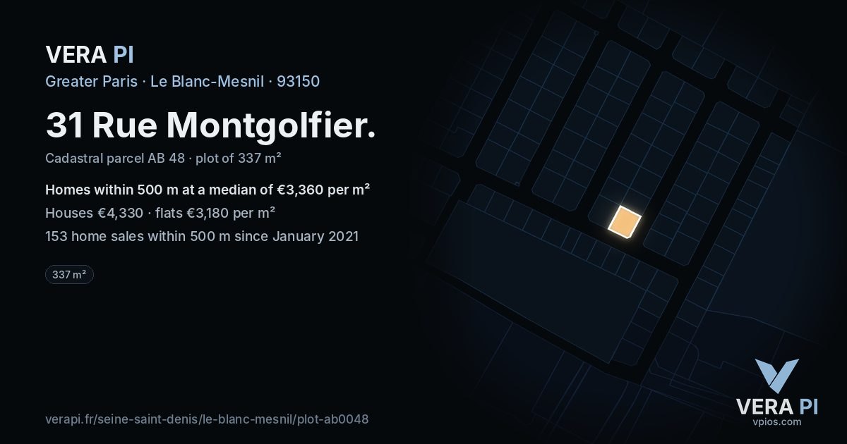 31 Rue Montgolfier, Le Blanc-Mesnil at night – the plot lit, the parcels around coloured by the prices near them