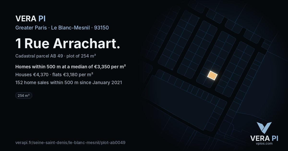 1 Rue Arrachart, Le Blanc-Mesnil at night – the plot lit, the parcels around coloured by the prices near them
