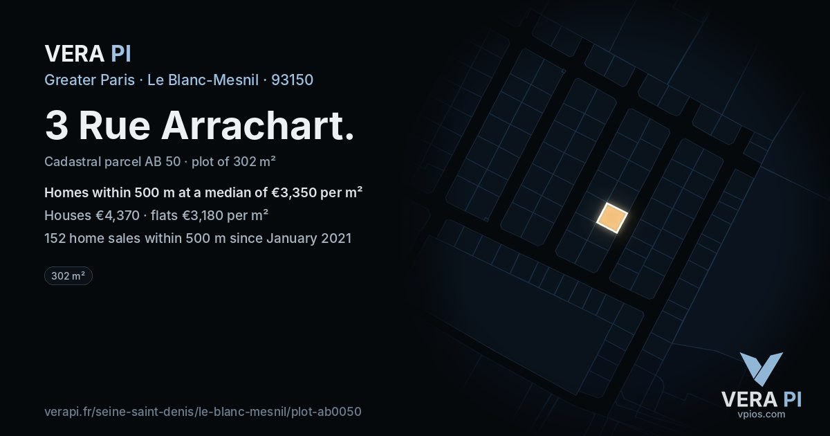 3 Rue Arrachart, Le Blanc-Mesnil at night – the plot lit, the parcels around coloured by the prices near them