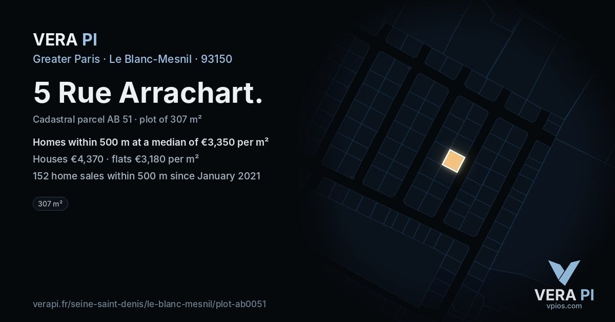 5 Rue Arrachart, Le Blanc-Mesnil at night – the plot lit, the parcels around coloured by the prices near them