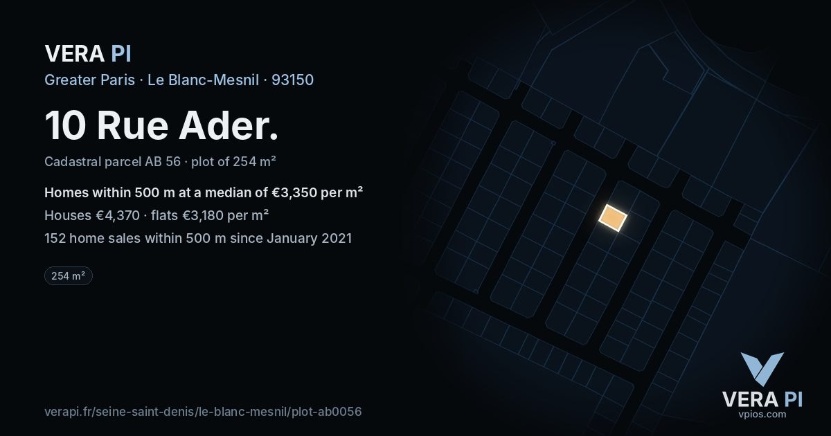 10 Rue Ader, Le Blanc-Mesnil at night – the plot lit, the parcels around coloured by the prices near them