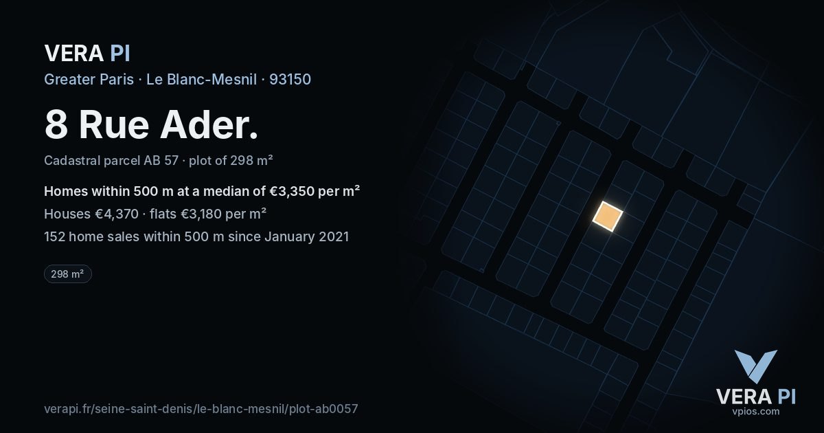 8 Rue Ader, Le Blanc-Mesnil at night – the plot lit, the parcels around coloured by the prices near them