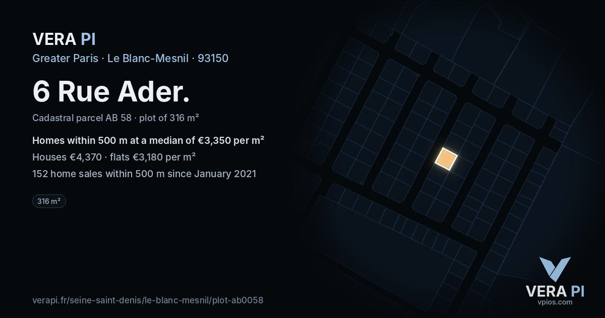 6 Rue Ader, Le Blanc-Mesnil at night – the plot lit, the parcels around coloured by the prices near them