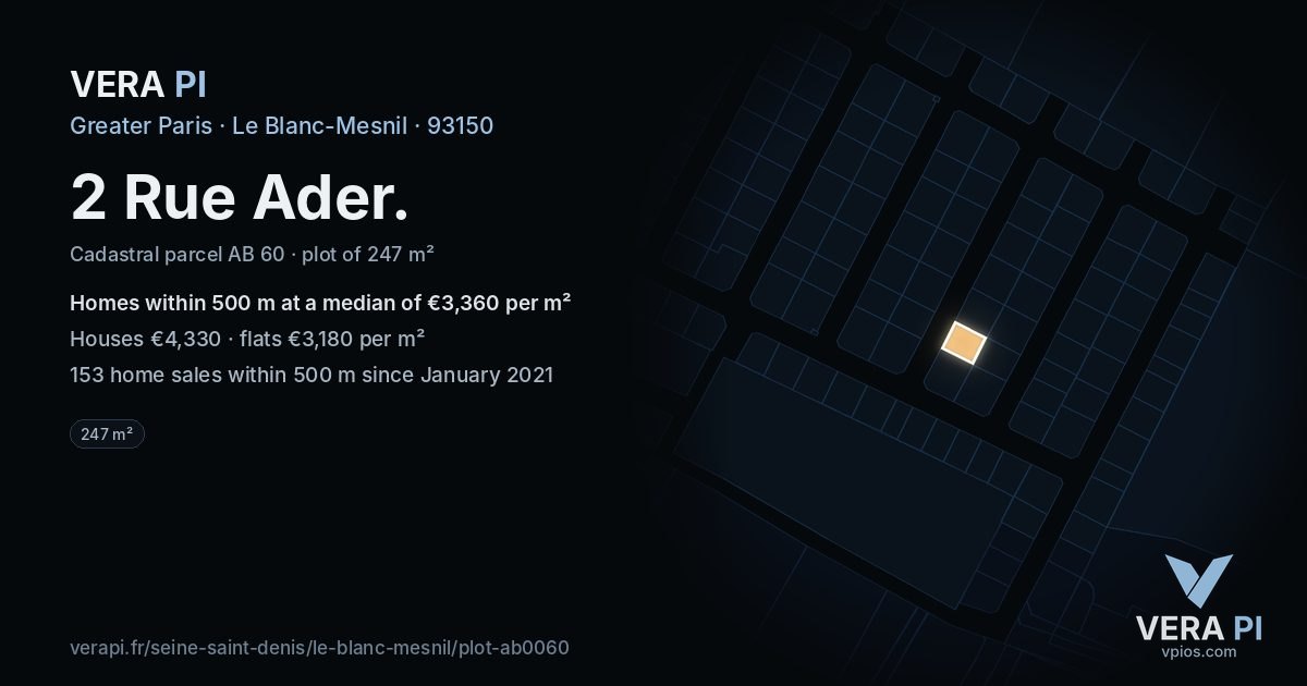 2 Rue Ader, Le Blanc-Mesnil at night – the plot lit, the parcels around coloured by the prices near them