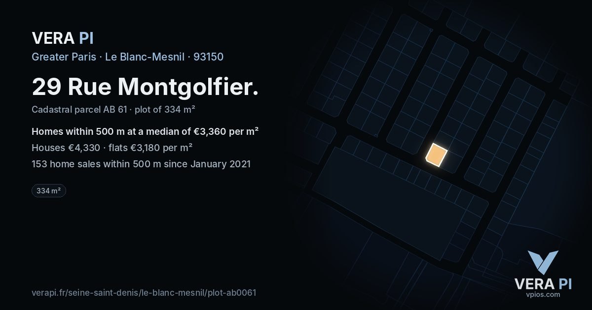 29 Rue Montgolfier, Le Blanc-Mesnil at night – the plot lit, the parcels around coloured by the prices near them
