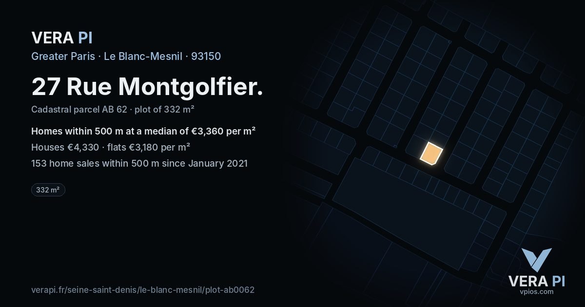 27 Rue Montgolfier, Le Blanc-Mesnil at night – the plot lit, the parcels around coloured by the prices near them