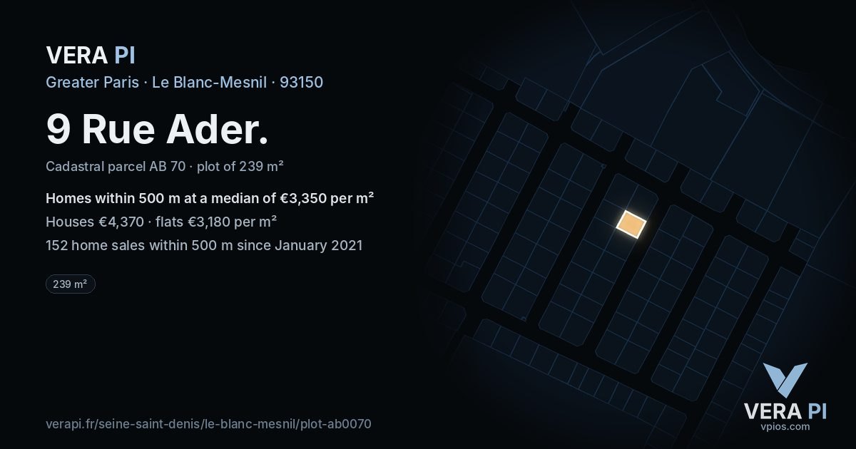 9 Rue Ader, Le Blanc-Mesnil at night – the plot lit, the parcels around coloured by the prices near them
