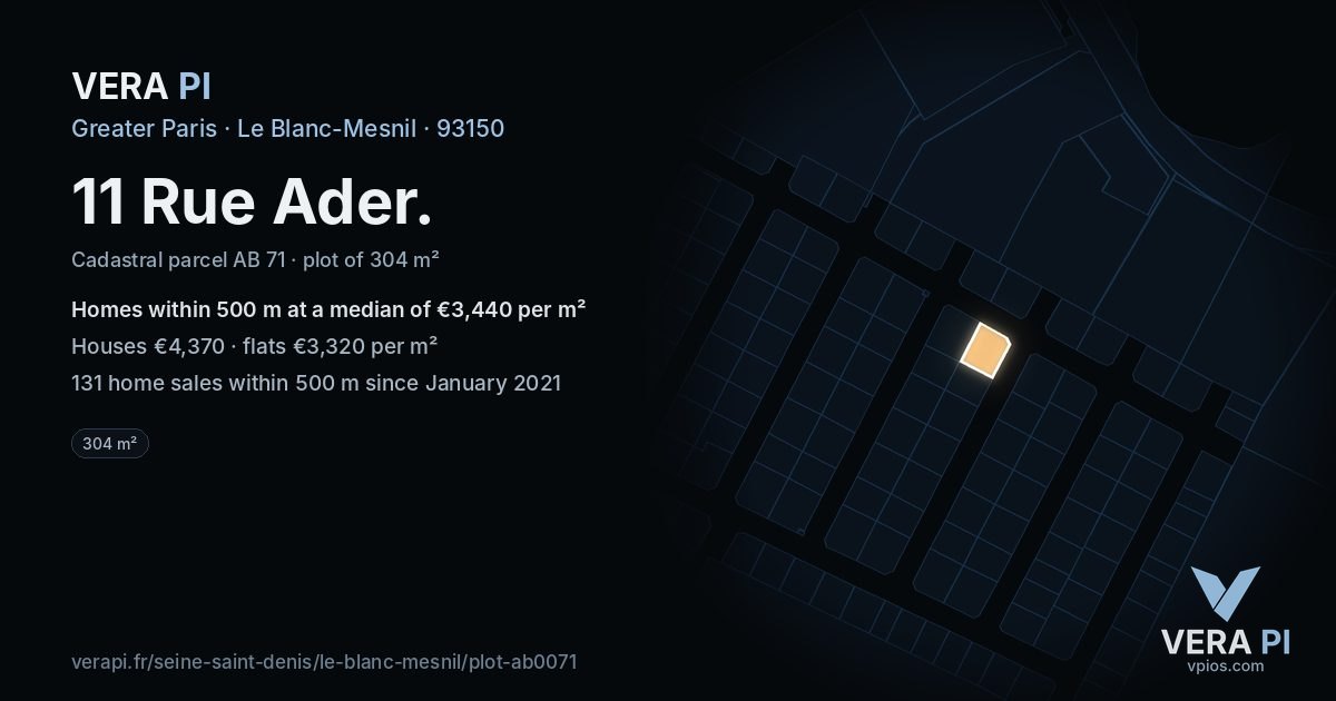 11 Rue Ader, Le Blanc-Mesnil at night – the plot lit, the parcels around coloured by the prices near them