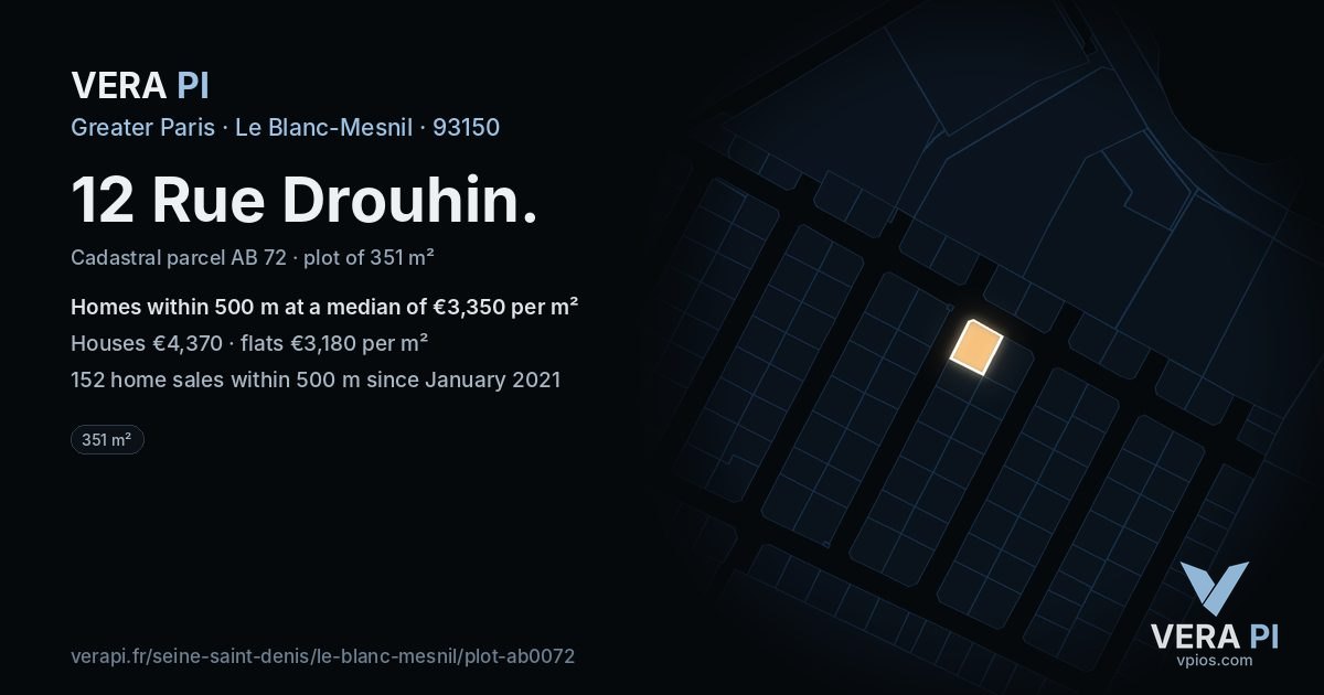 12 Rue Drouhin, Le Blanc-Mesnil at night – the plot lit, the parcels around coloured by the prices near them