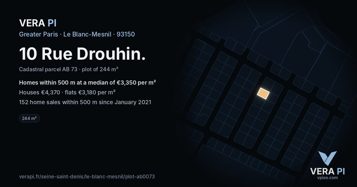 10 Rue Drouhin, Le Blanc-Mesnil at night – the plot lit, the parcels around coloured by the prices near them