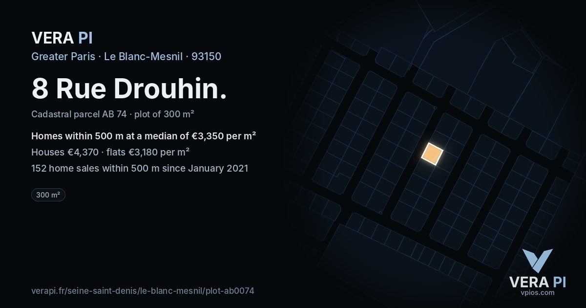 8 Rue Drouhin, Le Blanc-Mesnil at night – the plot lit, the parcels around coloured by the prices near them