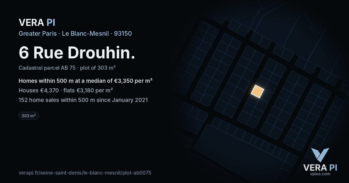 6 Rue Drouhin, Le Blanc-Mesnil at night – the plot lit, the parcels around coloured by the prices near them