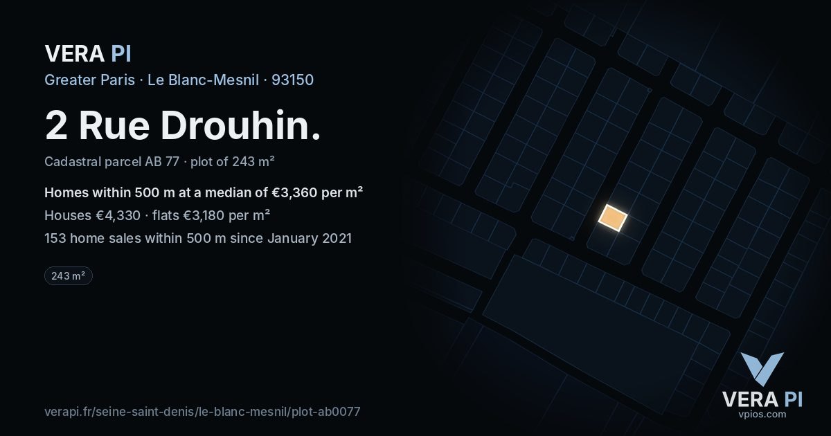 2 Rue Drouhin, Le Blanc-Mesnil at night – the plot lit, the parcels around coloured by the prices near them