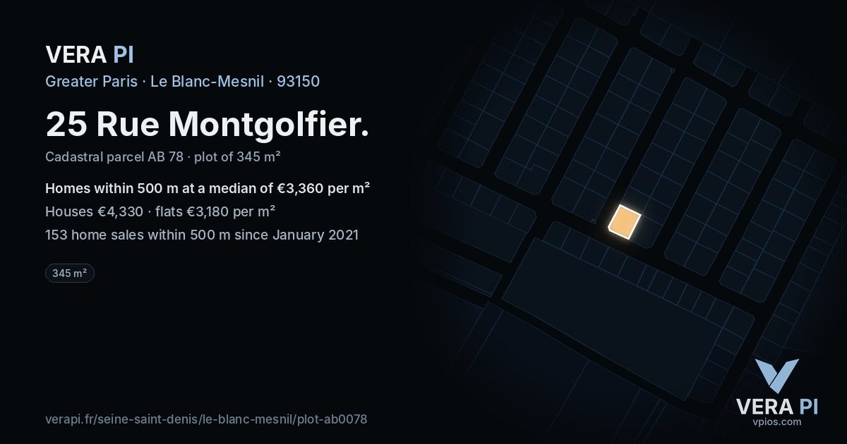 25 Rue Montgolfier, Le Blanc-Mesnil at night – the plot lit, the parcels around coloured by the prices near them