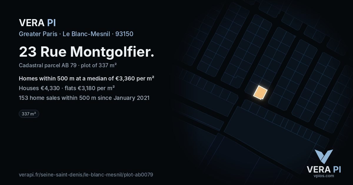 23 Rue Montgolfier, Le Blanc-Mesnil at night – the plot lit, the parcels around coloured by the prices near them