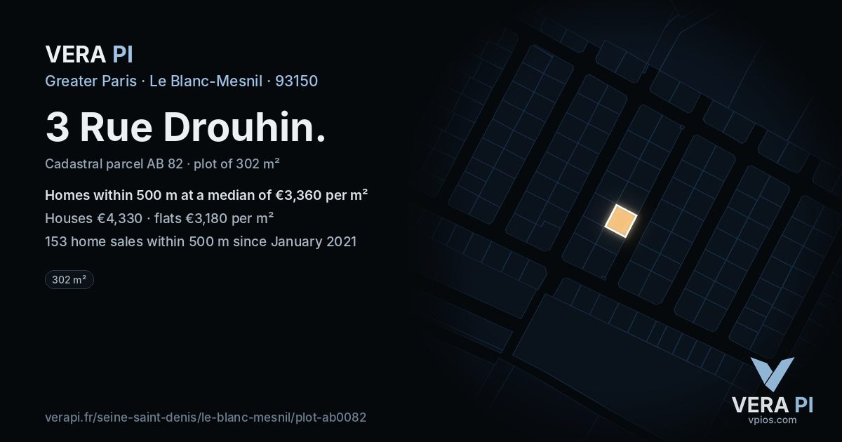 3 Rue Drouhin, Le Blanc-Mesnil at night – the plot lit, the parcels around coloured by the prices near them