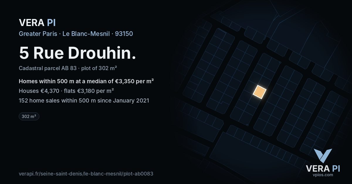 5 Rue Drouhin, Le Blanc-Mesnil at night – the plot lit, the parcels around coloured by the prices near them