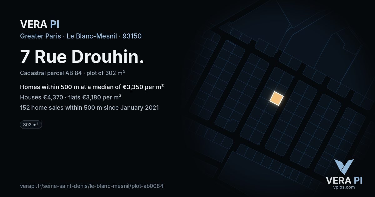 7 Rue Drouhin, Le Blanc-Mesnil at night – the plot lit, the parcels around coloured by the prices near them