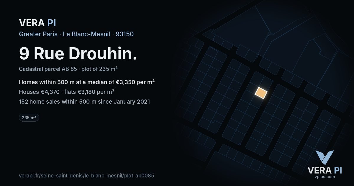 9 Rue Drouhin, Le Blanc-Mesnil at night – the plot lit, the parcels around coloured by the prices near them