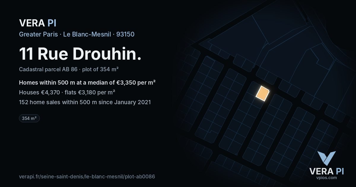 11 Rue Drouhin, Le Blanc-Mesnil at night – the plot lit, the parcels around coloured by the prices near them