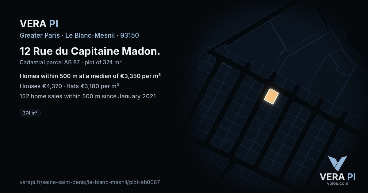 12 Rue du Capitaine Madon, Le Blanc-Mesnil at night – the plot lit, the parcels around coloured by the prices near them