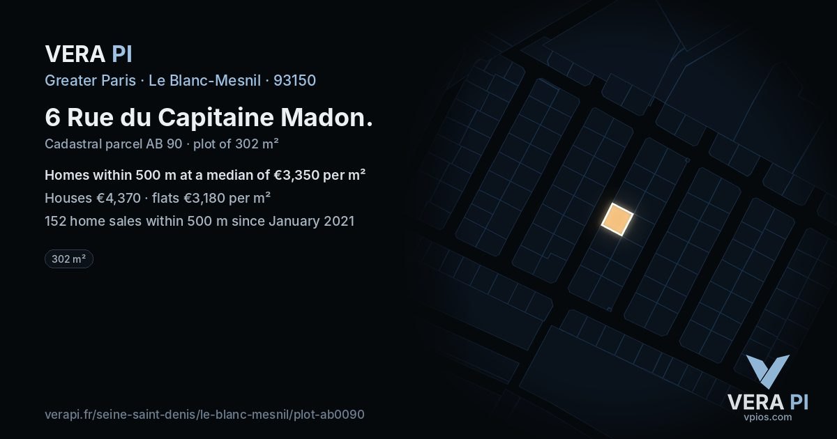 6 Rue du Capitaine Madon, Le Blanc-Mesnil at night – the plot lit, the parcels around coloured by the prices near them