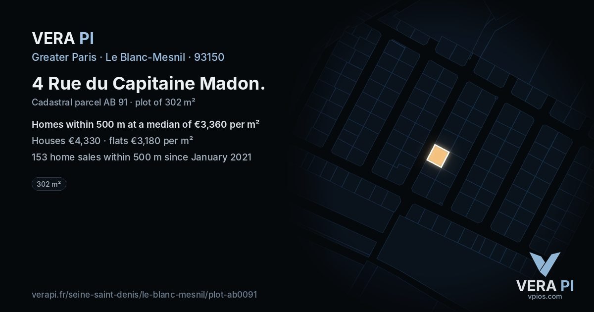 4 Rue du Capitaine Madon, Le Blanc-Mesnil at night – the plot lit, the parcels around coloured by the prices near them