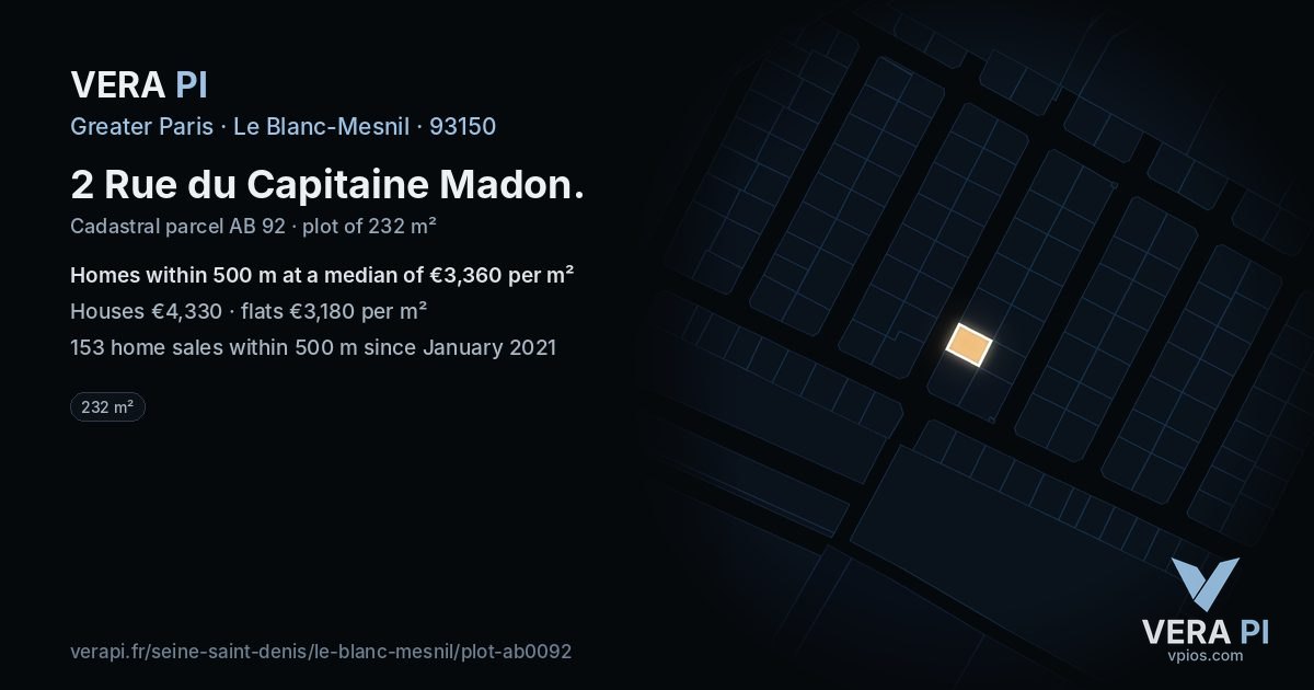 2 Rue du Capitaine Madon, Le Blanc-Mesnil at night – the plot lit, the parcels around coloured by the prices near them