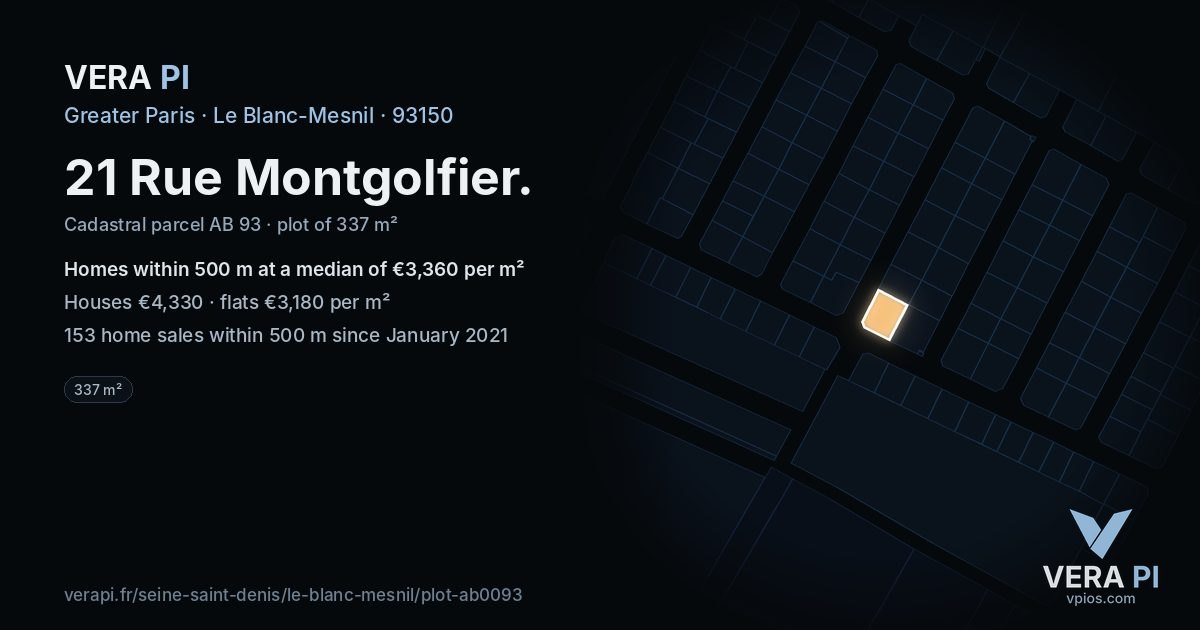 21 Rue Montgolfier, Le Blanc-Mesnil at night – the plot lit, the parcels around coloured by the prices near them