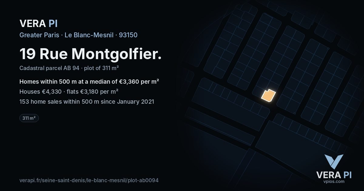 19 Rue Montgolfier, Le Blanc-Mesnil at night – the plot lit, the parcels around coloured by the prices near them