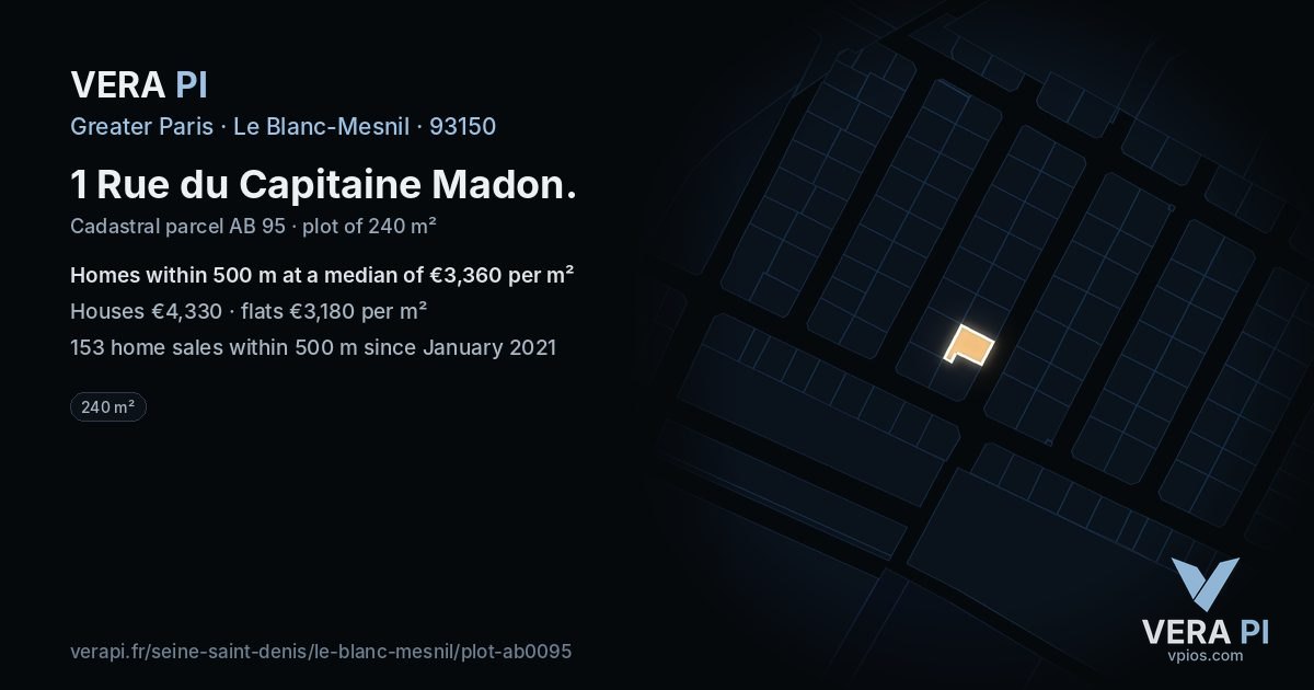1 Rue du Capitaine Madon, Le Blanc-Mesnil at night – the plot lit, the parcels around coloured by the prices near them