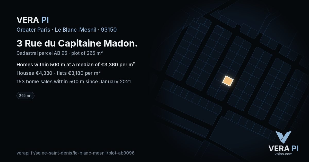 3 Rue du Capitaine Madon, Le Blanc-Mesnil at night – the plot lit, the parcels around coloured by the prices near them