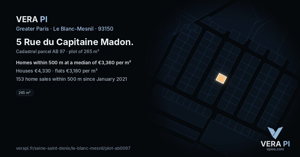 5 Rue du Capitaine Madon, Le Blanc-Mesnil at night – the plot lit, the parcels around coloured by the prices near them