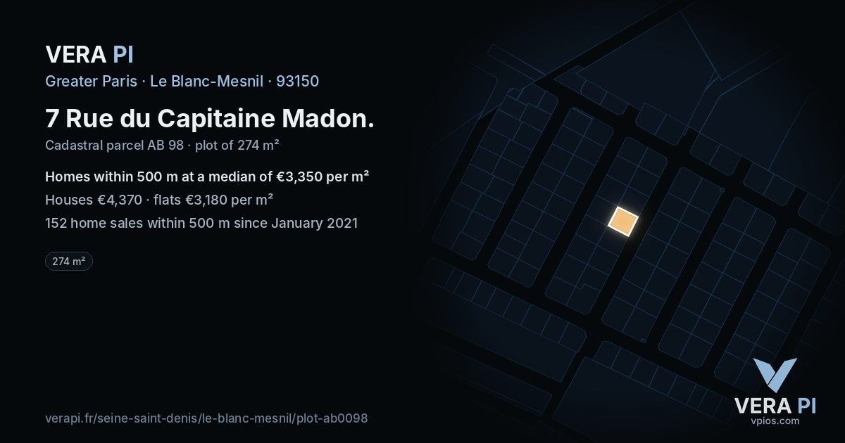 7 Rue du Capitaine Madon, Le Blanc-Mesnil at night – the plot lit, the parcels around coloured by the prices near them