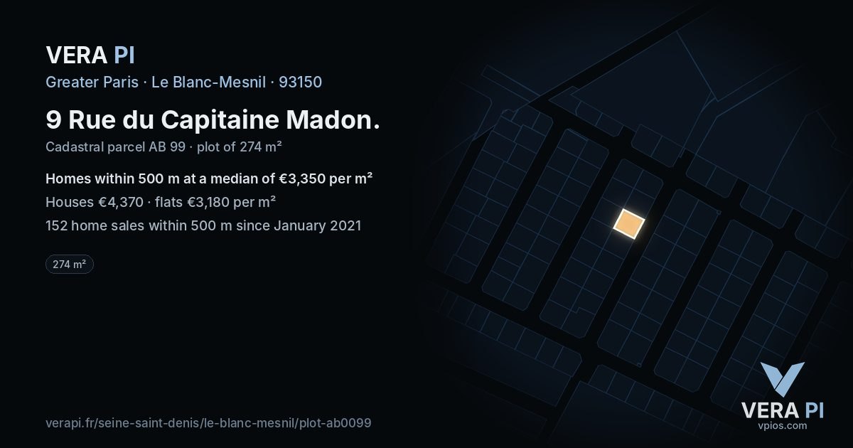 9 Rue du Capitaine Madon, Le Blanc-Mesnil at night – the plot lit, the parcels around coloured by the prices near them