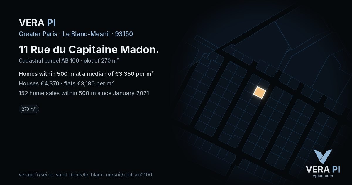 11 Rue du Capitaine Madon, Le Blanc-Mesnil at night – the plot lit, the parcels around coloured by the prices near them