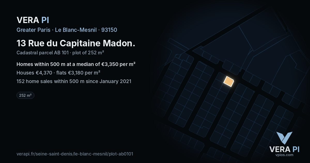 13 Rue du Capitaine Madon, Le Blanc-Mesnil at night – the plot lit, the parcels around coloured by the prices near them