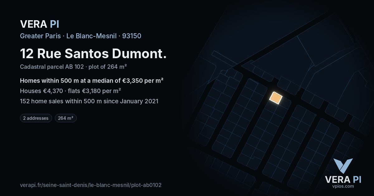 12 Rue Santos Dumont, Le Blanc-Mesnil at night – the plot lit, the parcels around coloured by the prices near them