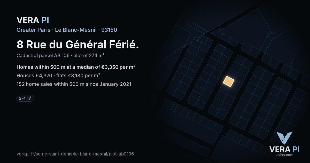 8 Rue du Général Férié, Le Blanc-Mesnil at night – the plot lit, the parcels around coloured by the prices near them