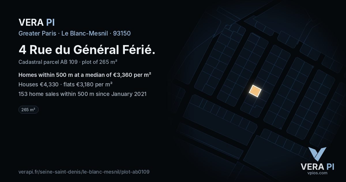 4 Rue du Général Férié, Le Blanc-Mesnil at night – the plot lit, the parcels around coloured by the prices near them