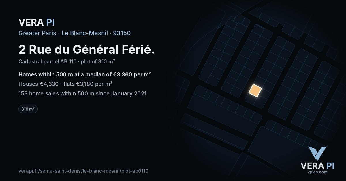 2 Rue du Général Férié, Le Blanc-Mesnil at night – the plot lit, the parcels around coloured by the prices near them
