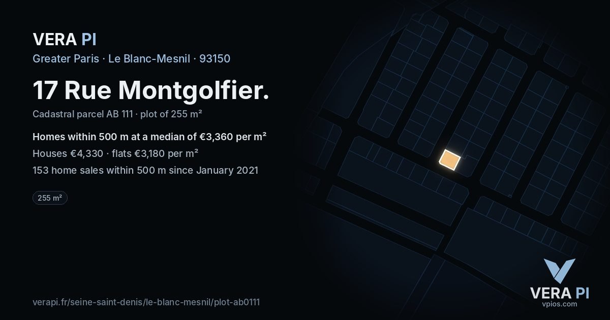 17 Rue Montgolfier, Le Blanc-Mesnil at night – the plot lit, the parcels around coloured by the prices near them