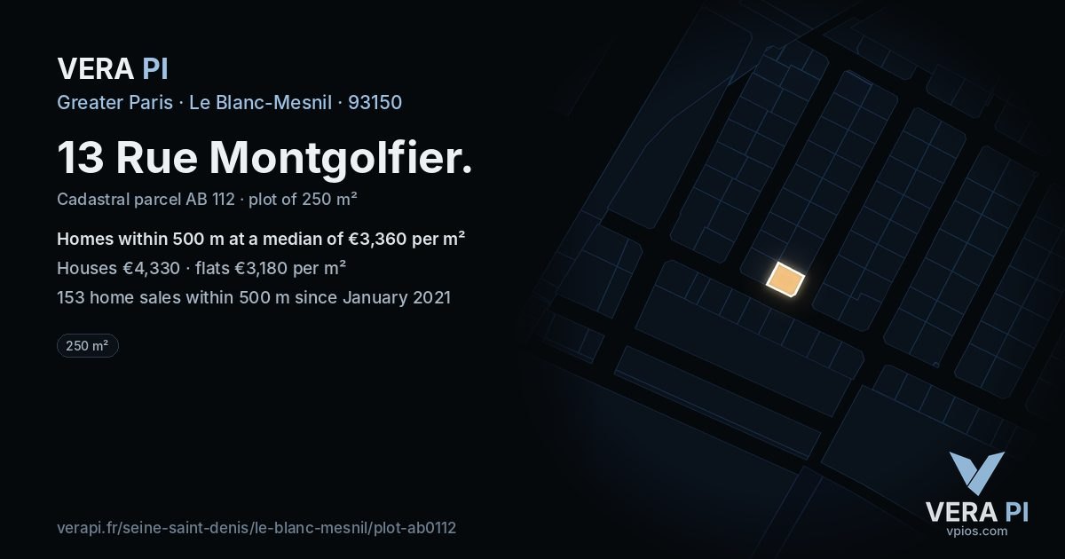 13 Rue Montgolfier, Le Blanc-Mesnil at night – the plot lit, the parcels around coloured by the prices near them