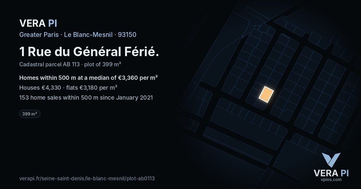 1 Rue du Général Férié, Le Blanc-Mesnil at night – the plot lit, the parcels around coloured by the prices near them