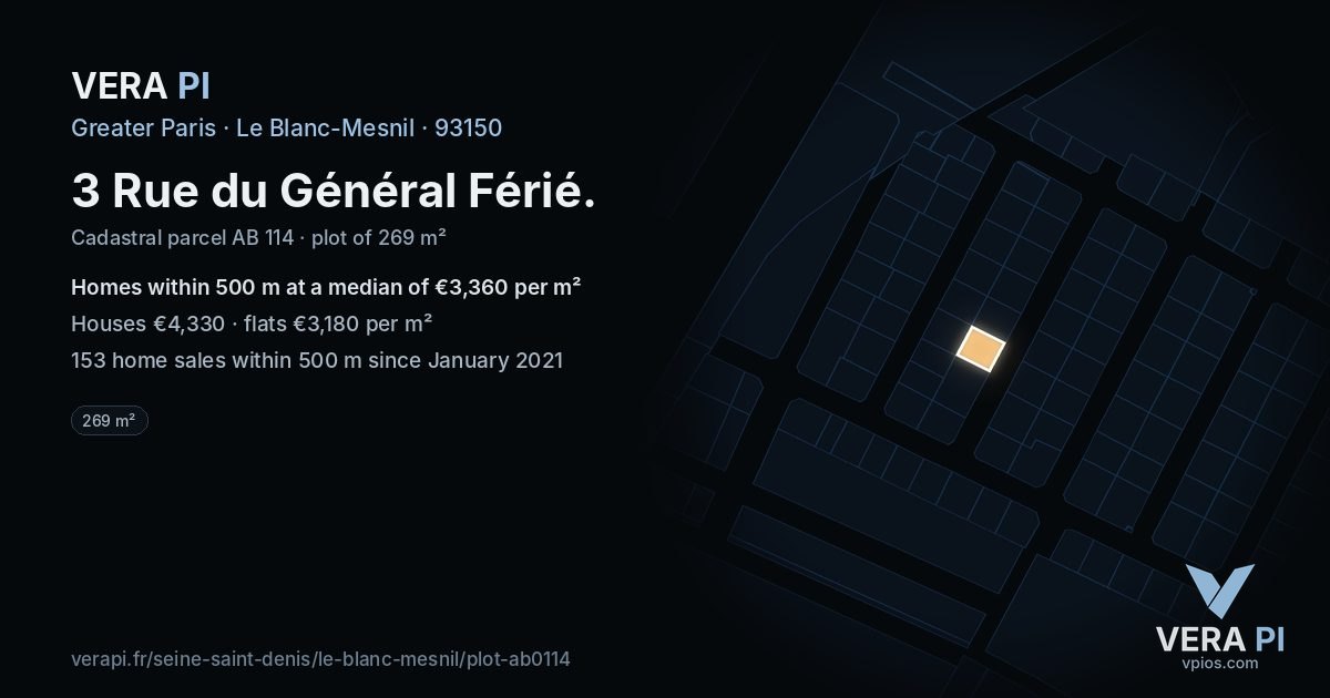 3 Rue du Général Férié, Le Blanc-Mesnil at night – the plot lit, the parcels around coloured by the prices near them