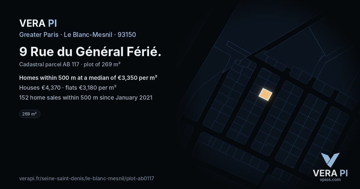 9 Rue du Général Férié, Le Blanc-Mesnil at night – the plot lit, the parcels around coloured by the prices near them