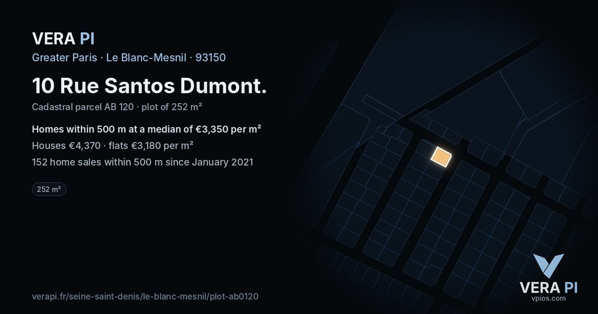 10 Rue Santos Dumont, Le Blanc-Mesnil at night – the plot lit, the parcels around coloured by the prices near them